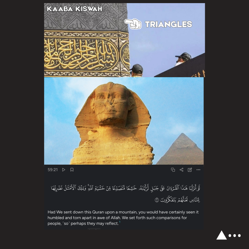 Workers on a lift dressing the Kaaba's cloth beside the Sphinx and a pyramid at Giza