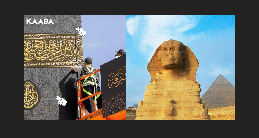 Workers on a lift dressing the Kaaba's cloth beside the Sphinx and a pyramid at Giza
